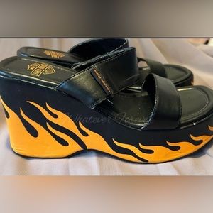 Harley Davidson Black and orange flame platform sandals